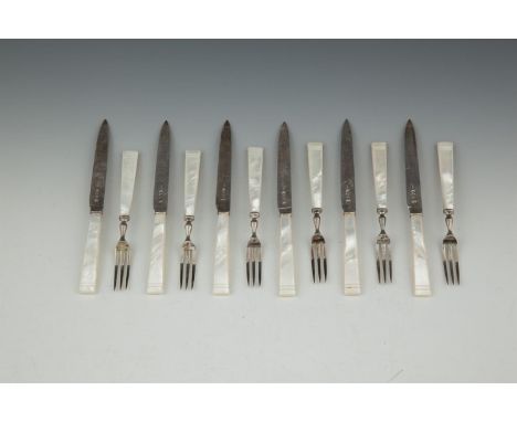 A SET OF TWELVE SILVER AND MOTHER OF PEARL HANDLE FRUIT KNIVES AND FORKS, Sheffield 1947, with Irish import marks