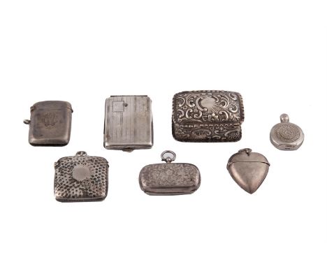 A COLLECTION OF SILVER TRINKET BOXES, including:- a 19th century double sovereign case;- a heart shaped pendant vesta box;- a