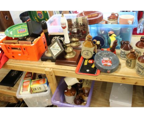 Large Quantity of Brewery Cider related items including stoneware jars, glasses, bar pumps, Bags, Taunton Cider Light Shade,