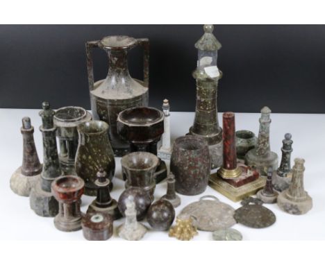 Collection of mainly Cornish Serpentine including Lighthouse Table Lamp case, 31cm high, Nine Lighthouse models of various si
