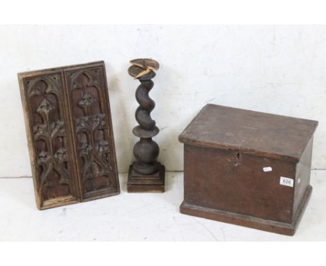 Ecclesiastical Carved Wooden Panel, 42cm high, Wooden Candlestick and an Oak Box 