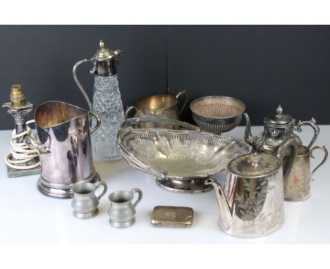 Mixed lot of Silver Plate including Walker &amp; Hall Swing Handle Bowl, Walker &amp; Hall Bottle Cooler, Claret Jug, Three P