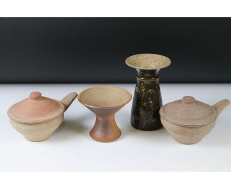 Two Bernard Leach for St Ives Pottery ' Standard ware ' Lidded Soup Bowls, 10cm high together with Woodfired stoneware Vase b