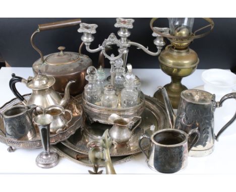 Mixed Lot of Metal Ware including Copper Kettle, Brass Oil Lamp with Opaque Glass Shade, Silver Plated Trays, Silver Plated S