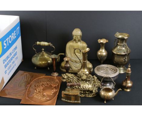 Mixed lot including Brass and Indian Brass, Silver Plate, Plaster Buddha, Resin Chinese Dragon, Seven Copper Plaques with pok