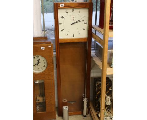 Mid century Teak cased ' ITR ' Clocking in Clock, the white dial with Arabic numerals and seconds dial, with pendulum, 138cm 