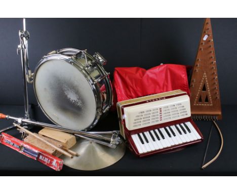 Three Musical Instruments including Horner Piccola Accordion, Sonor Everplay Extra Snare Drum with symbol and folding stand p