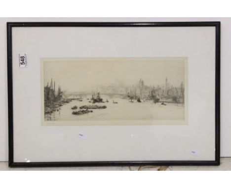 William Lionel Wyllie (1851-1931) Black and White Etching of the River Thames, signed in pencil to the margin, image measures