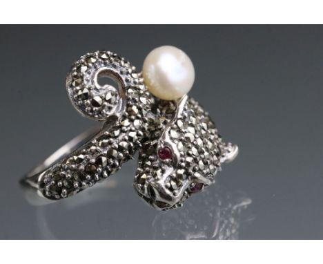 Silver and marcasite designer style ring in the form of a leopard with ruby eyes 