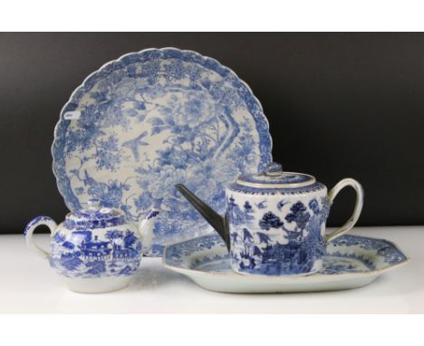 Chinese Export Blue and White Teapot with twisted handle and white metal spout, 15cm high together with a Chinese porcelain O