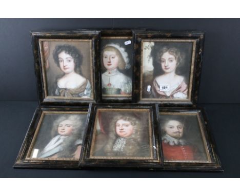 After Edmund Ashfield, Six Pastel Portrait of 17th century Gentlemen and Ladies, each picture 19cm x 23cm, framed and glazed 