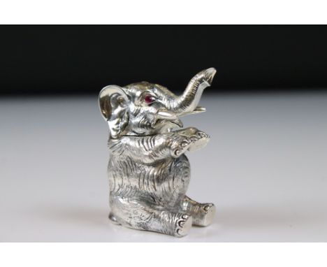 Silver plated vesta case in the form of an elephant with ruby eyes 