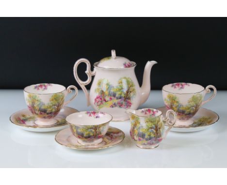 Shelley Tea for Two in the England Charm pattern on a pink ground, comprising Tea Pot, Two Tea Cups, Two Saucers, Tea Plate, 