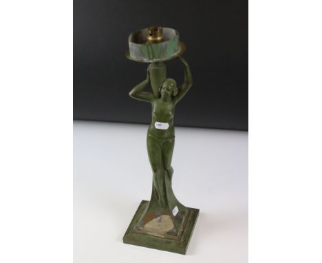 Art Deco Cast Metal Table Lamp in the form of a Lady with verdigris type finish, 40cm high 