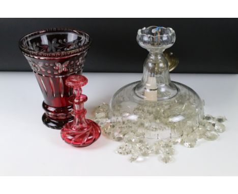 Heavy Red Flash Cut Flared Vase, 23cm high together with Bohemian Red Flash Cut Bottle &amp; Stopper plus Clear Glass Central