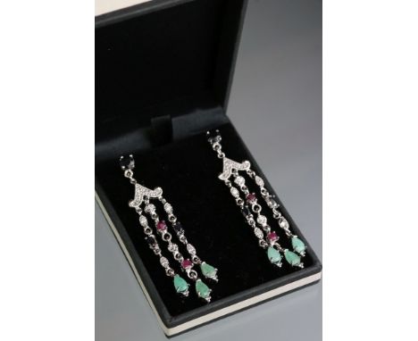 Pair of substantial silver drop earrings, set with sapphire, ruby &amp; emeralds 