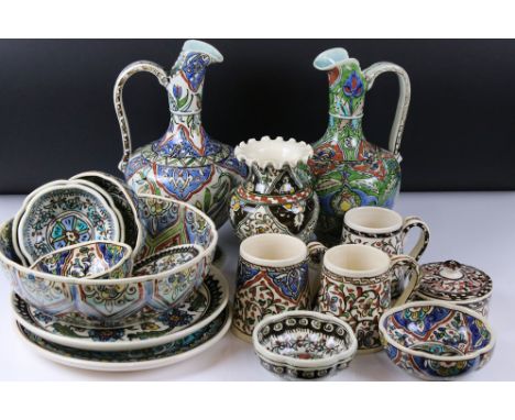 Collection of Persian Islamic / Iznik Pottery including Two Water Jugs, 32cm high Vase, Three Mugs, Trinket Box, small Plate,