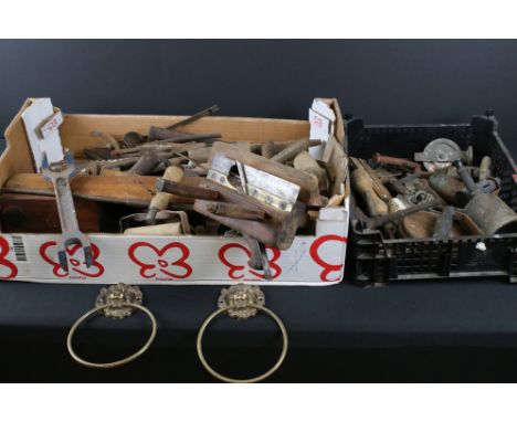 Quantity of Old Tools including Wooden Plane, Wooden Ruler, Brass Lion Mask Rings, etc 
