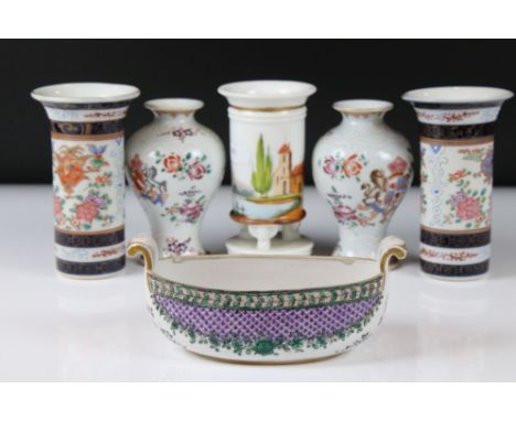 Pair of 19th century Samson type Porcelain Armorial Baluster Vases decorated in the Chinese manner 11cm high together with a 