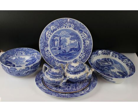 Collection of Spode Italian Blue and White including Two Copeland Spode Teapots and a Fruit Bowl plus a Spode Large Plate, Li