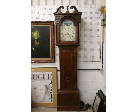 19th century 8 day Oak Longcase Clock, the arched white painted face with rocking boat, seconds dials and date aperture, mark