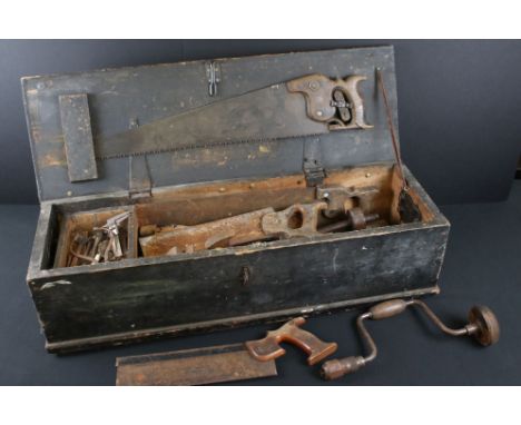 Early 20th century Stained Pine Tool Box containing a quantity of old tools including wooden handled chisels and saws, wood p