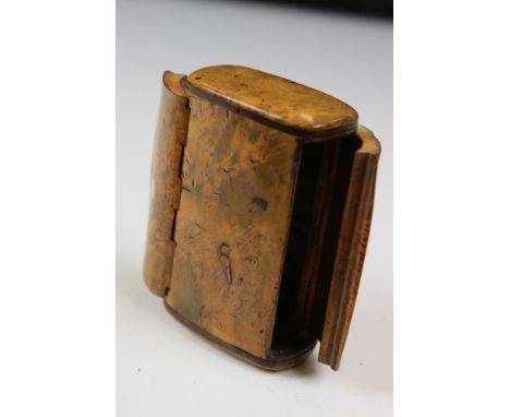An unusual 19th century burr wood double sided pocket snuff box of rectangular outline, one hinged door inlaid with mother-of