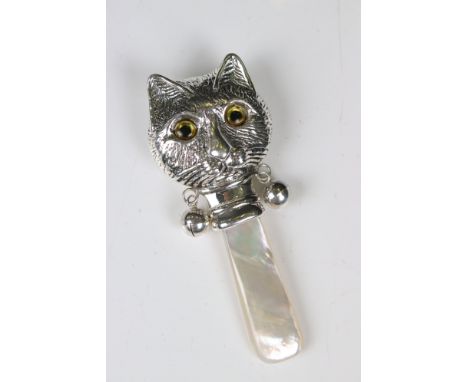 Silver Louis Wain style baby's rattle with mother-of-pearl handle 