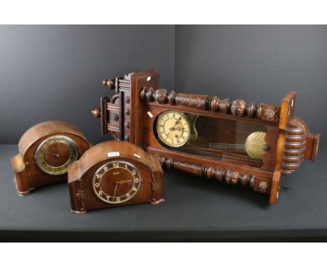 Victorian Walnut Cased Hanging 8 Day Wall Clock, 88cm high together with 1930's Oak Cased Mantle Clocks 