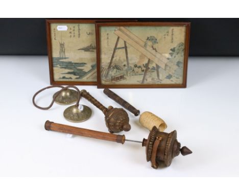 A small group of oriental collectables to include a set of Tibetan Tingsha Bells / Cymbals, three prayer wheels and two frame