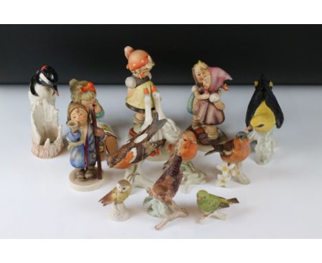 Four Large Goebel Hummel Figures, tallest 18cm together with Goebel Greater Spotted Woodpecker 18cm high, Goebel Golden Oriol