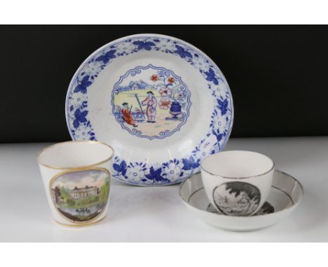19th century Ceramic Beaker in the manner of Minton with transfer printed decoration of the River Thames, 8cm high together w