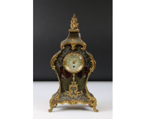 19th century French Boulle Mantle Clock, the white enamel face with Arabic numbers and decorated with flowers, some damage to