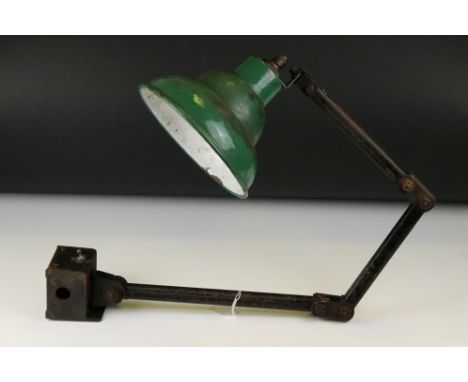 Mid century ' Memlite ' Industrial Factory Machinists Anglepoise Desk Mounted Lamp with green enamelled shade, 95cm long 