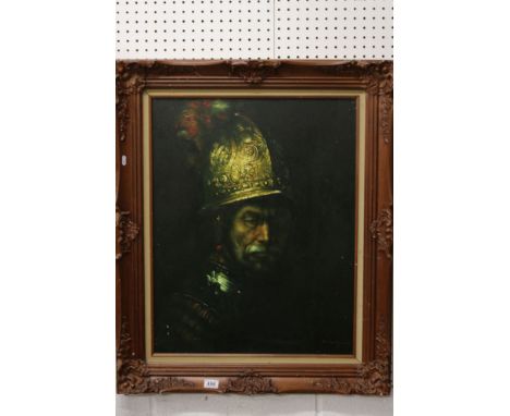 20th century Oil Painting on Canvas, after Rembrandt, Portrait of a Conquistador ' Man with the Golden Helmet ' indistinctly 