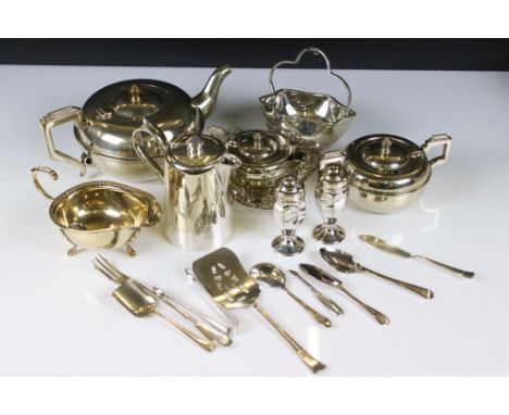 Mixed lot of Silver Plate including Art Deco Three Piece Tea Service, Cruet Set, small amount Cutlery, etc 