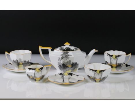 Shelley Tea for Two Set in the Queen Anne shape and Tall Trees pattern, comprising Tea Pot, Two Tea Cups, Two Saucers, Tea Pl