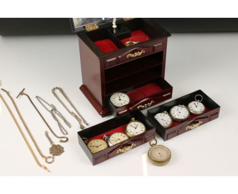 A collection of approx nine pocket watches together with Albert chains and a pocket barometer contained within a jewellery bo