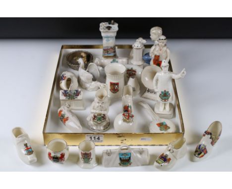 Twenty Two items of Crested Souvenir Ceramics including Policeman, Yorkshireman, Football, Banjo, Submarine, Pig, Cow, Sea Sh