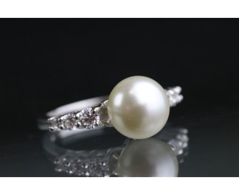 Silver, CZ &amp; central freshwater pearl dress ring 