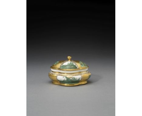 A rare Meissen gold-ground sugar bowl and cover, circa 1747Of lobed, quatrefoil form, each reserved with two panels finely pa