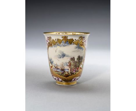 A Meissen beaker, circa 1730Finely painted with a harbour scene depicting elegant figures in a park in the foreground, within