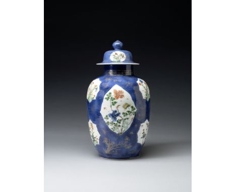 A Chinese Famille verte powder-blue-ground vase and cover from the Turmzimmer in the Dresden Residence, Kangxi period, early 