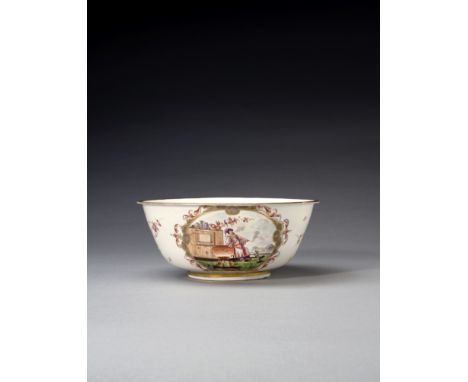 A rare Meissen waste bowl, circa 1722Each side decorated with a chinoiserie scene within a gilt scrollwork cartouche filled w