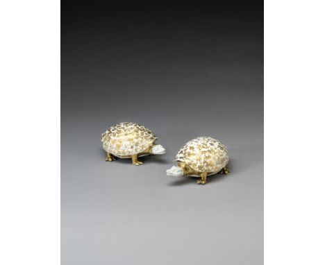 A very rare pair of Meissen tortoise-shaped boxes and covers, circa 1728Naturalistically modelled by Georg Fritzsche, with th