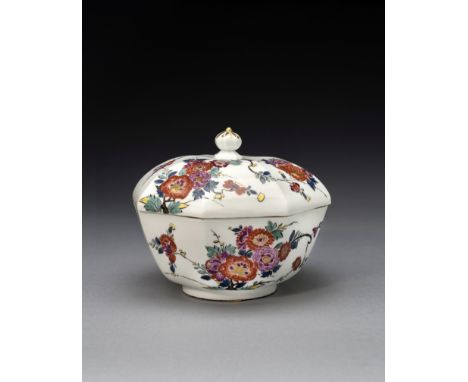 A very rare large Meissen octagonal bowl and cover, circa 1730Each painted in Kakiemon style with elaborate meandering flower