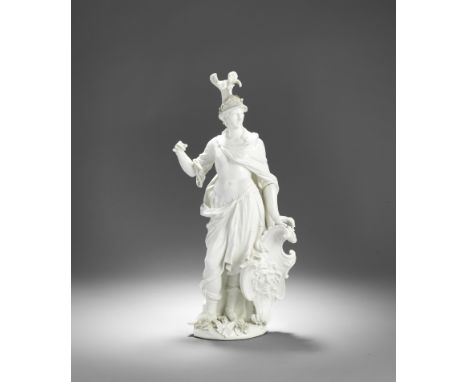 A large Meissen white figure of Minerva, circa 1747Modelled by J.J. Kaendler, wearing a plumed helmet with a laurel wreath, l