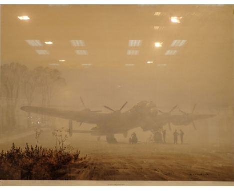 Framed and glazed print of Avro Lancaster aircraft named Off Duty Lancaster At Rest by Gerald Coulson 88 x 68 cm 