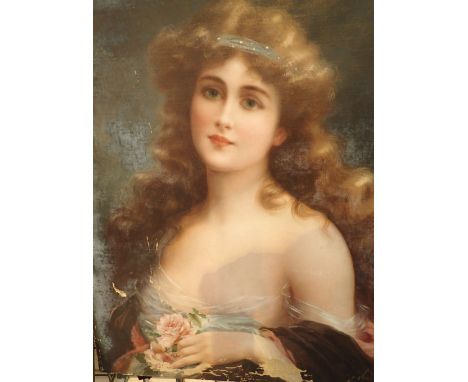 Large unframed oil on canvas of a young lady signature indistinct 61 x 50 cm CONDITION REPORT: Shadow on the picture is from 