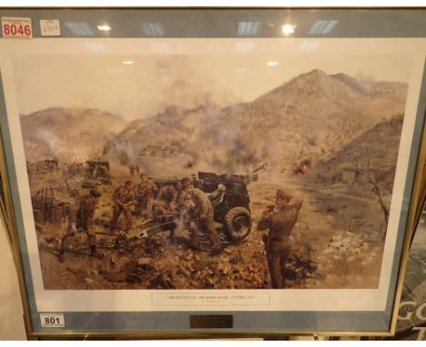 Framed and glazed print the Battle of the Injin River by Terrence Cuneo with brass plaque inscribed Presented by 45 Field Reg